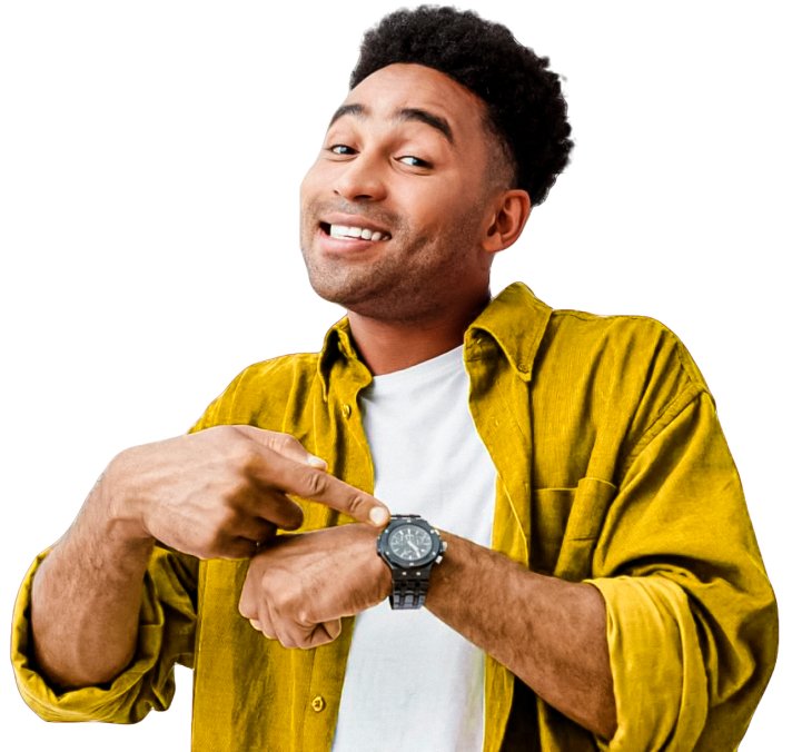 Imagem de homem apontando para o relógio
